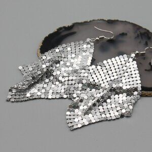 Jewelry earrings mesh statement party occasional drop dangle large silver tone